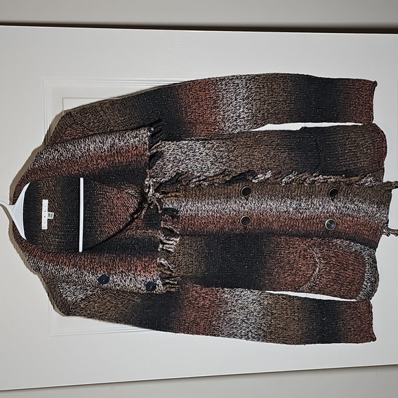 CAbi  Frontier Fringe Brown Black Cotton Silk Sweater Button Coat Size XS - Picture 1 of 7